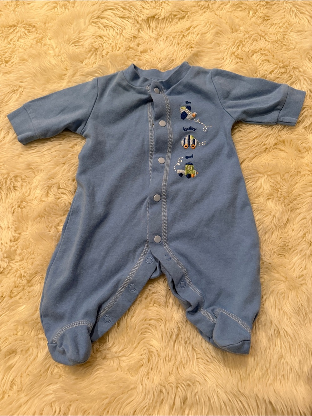 Soft Blue Baby Footed One-Piece Romper with Vehicle Embroidery